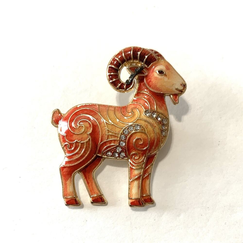 Enamel Rhinestone Ram Brooch Gold Tone Aries Zodiac Goat Animal Figural Pin